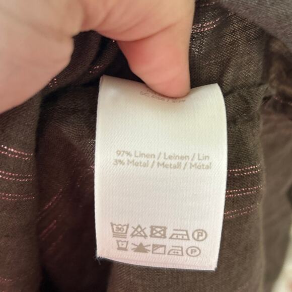 Boden Olive Green & Metallic Pink Strip Linen Button Down Long Sleeve Shirt - Picture 7 of 8